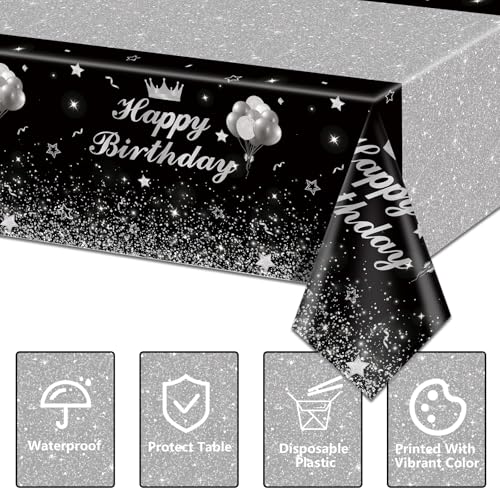 Image of 4 Pcs Happy Birthday Black and Silver Party Tablecloths - Silver Black Party Decorations Plastic Tablecloth Rectangular Table Covers for Boy Girl Baby Shower Birthday Table Supplies, 51 x 86.6 Inch