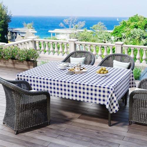 Image of misaya 2 Pack Waterproof Vinyl Table Cloth, Buffalo Flannel Backed Tablecloth, Wipeable Plastic Table Cover for Dinner, Kitchen, Outdoor (60 inch x 102 inch, White and Navy)