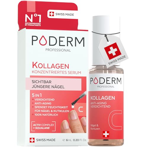 Poderm 5 in 1 Nagel Booster Serum - Kollagen | Redensifizierende & Anti-Aging Pflege für Geschwächte Nägel - 6 ml | Hydratisiert & Stärkt | 100% Natürlich - Entwickelt von einem Podologen in Schweiz