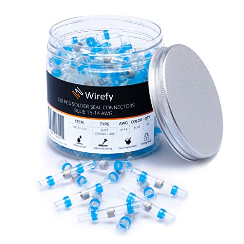 120 PCS Wirefy Solder Seal Wire Connectors - Heat Shrink Solder Connectors - Waterproof Electrical Connectors - Marine Butt Splices - Blue 16-14 AWG