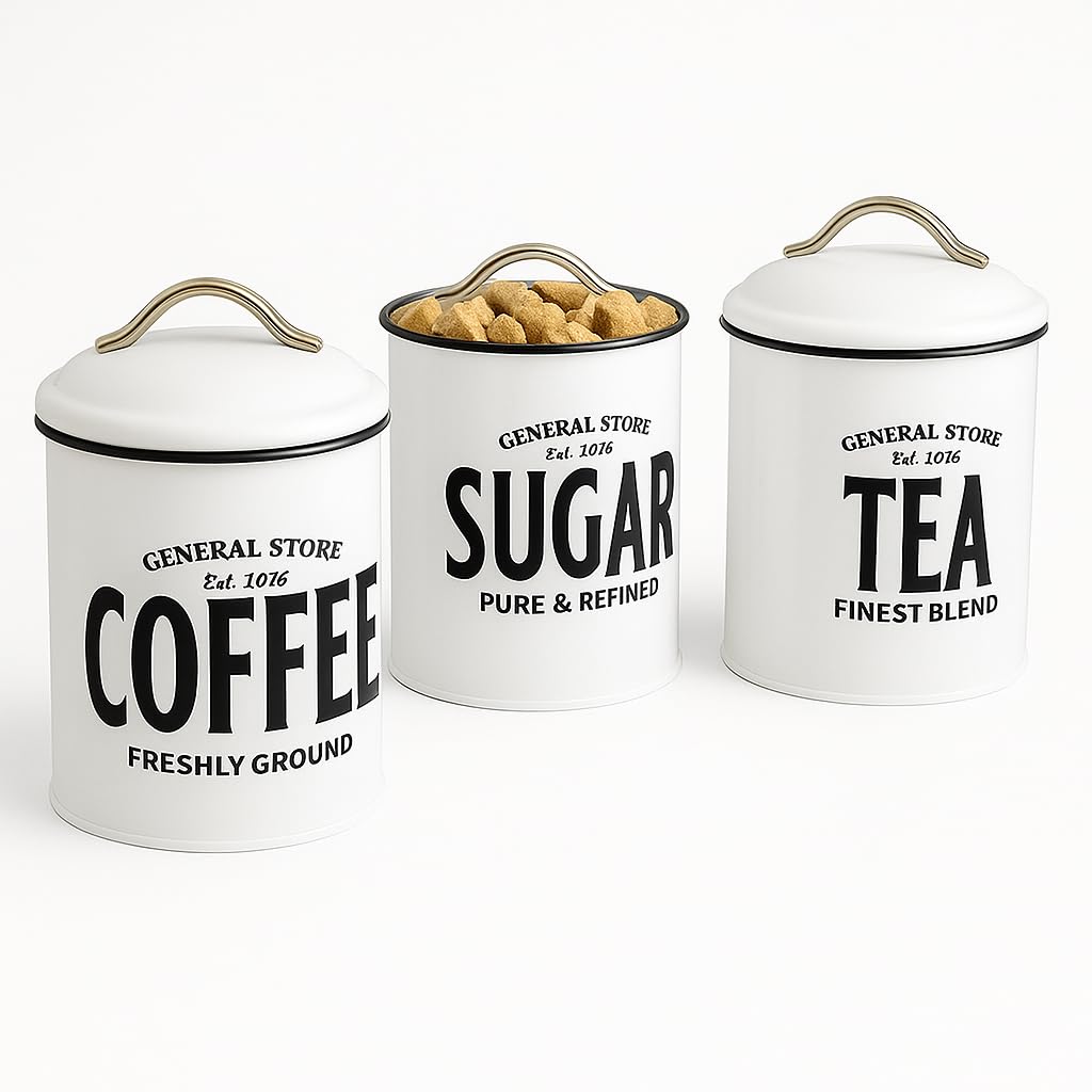Maria`S Selection White Kitchen Canister Set Of 3 Vintage Tea, Coffee, Sugar, Canister Set - Easy To Open Airtight Lids - Storage Tin