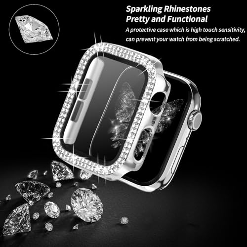 Magnetic Band for Women Compatible with Apple Watch Band 38mm 40mm 41mm 42mm 44mm 45mm 46mm Milanese Stainless Steel Loop with Bling Protective Case, Dressy Metal Strap Replacement iWatch Band