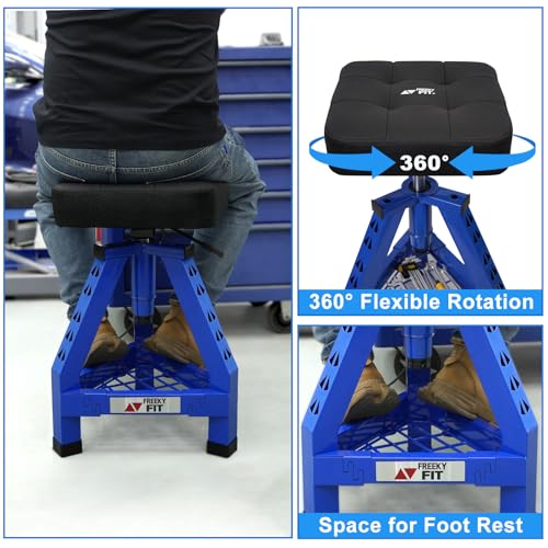 Image of Adjustable Shop Stool,Garage Mechanic Stool Chair,Work Seat for Workshop, Adjustable Height, 360 Swivel Padded Square Seat,Tool Storage, 350 LBS Capacity, Heavy Duty, Blue
