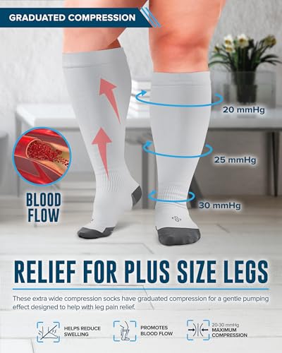 Doctor's Select 3 Pairs Plus Size Compression Socks Wide Calf - Up to 6XL | 20-30 mmHg Compression Socks for Women Wide Calves | Black, White, Gray2