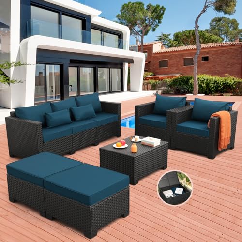 Image of Rattaner Patio Furniture Set 6 Pieces Couch Outdoor Chairs Coffee Table Peacock Blue Anti-Slip Cushions and Waterproof Covers