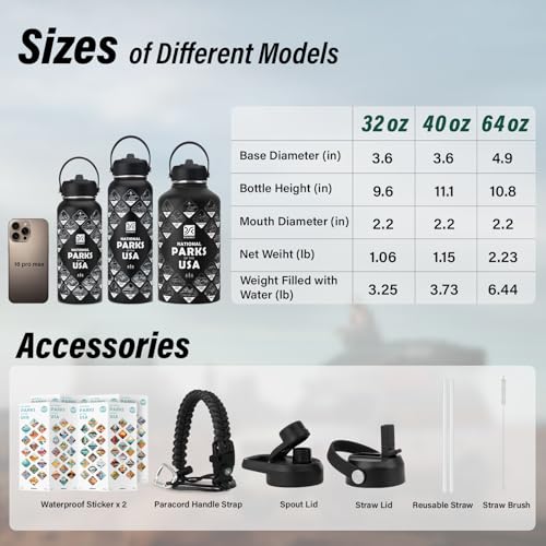 Image of DYSANKY National Parks Water Bottle - 64 oz Insulated Stainless Steel Bottle with 63 Hand-Drawn Park Stickers, Carrier Bag, Strap & Gift Box - BPA-Free - Ideal for Hiking, Camping & Travel