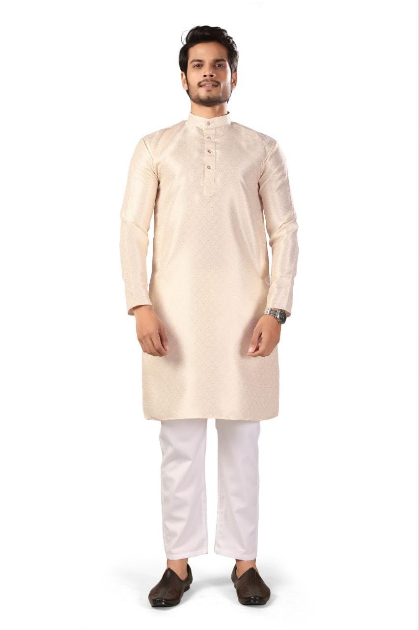 nd Men's Yellow Silk Kurta with Geometric Pattern, Traditional Indian Ethnic Wear-picture-16