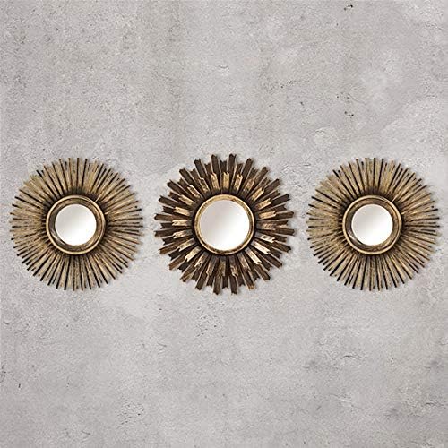 3Pc Shabby Chic Round Sunburst Wall Mirrors In Distressed Gold, Decorative Wall Mountable Shabby Chic Home Decor (Gold)