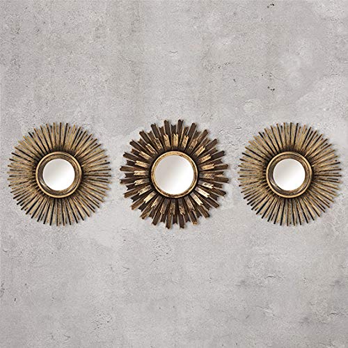 3Pc Shabby Chic Round Sunburst Wall Mirrors In Distressed Gold, Decorative Wall Mountable Shabby Chic Home Decor (Gold) 3Pc Shabby Chic Round Sunburst Wall Mirrors In Distressed Gold, Decorative Wall Mountable Shabby Chic Home Decor (Gold)