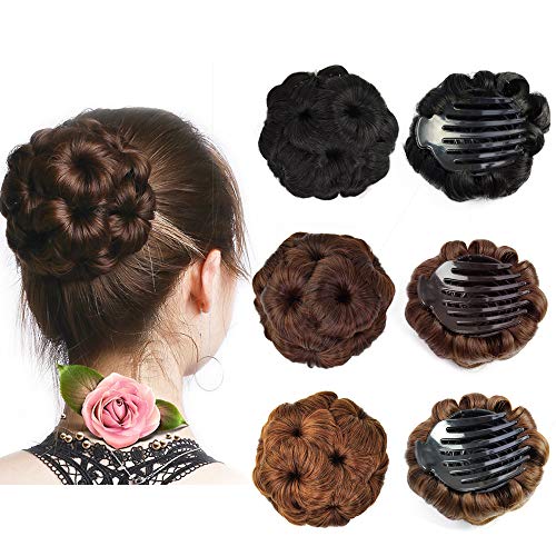 Beauty Angelbella Hair Buns Synthetic Natural Curly Chignon Hairpieces Updo Clip in/on Plastic Comb Elastic Bride Donut Wig For Women (Light Brown)