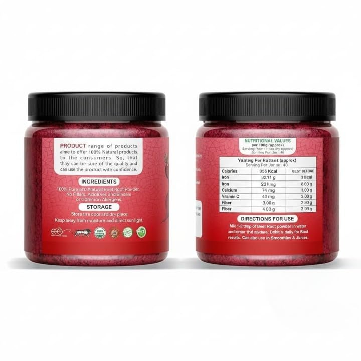 Pure & Natural Beetroot Powder for Health, Skin & Hair with Wooden Spoon - 200g | 7 Oz