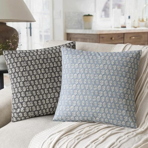 Image of Foindtower Set of 2 Decorative Vintage Floral Print Throw Pillow Covers Neutral Modern Farmhouse Cushion Covers Boho Home Decor for Sofa Couch Chair Bedroom Living Room Outdoor,22x22 Inch,Powder Blue