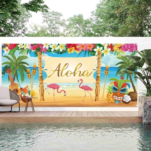 ZJRBJB 7x16ft Aloha Tropical Summer Garage Door Banner Palm Luau Flamingo Garage Background Hanging Beach Seaside Scenery Backdrop for Hawaiian Graduation Birthday Party Decoration by ZJRBJB - Used condition - Image 3