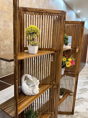 Image of Wooden Partition Divider for Living Room, Partition Wall, Privacy Divider, Freestanding Folding Panels for (6 Feet 5 Panel with 3 Shelve) (6 feet 5 Panel Natural Brown Shading)