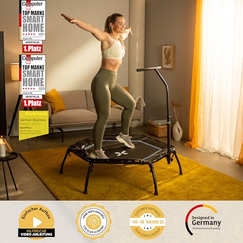 SportPlus Fitness Trampolin Indoor für Zuhause, Trampolin mit Haltestange höhenverstellbar, Gummiseilfederung, Workout & Cardiotraining, Premium-Qualität Designed in Germany 130kg