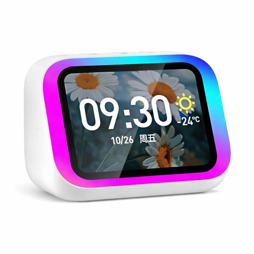 CBK AI Voice Assistant Smart Digital Alarm Clock with Wireless Bluetooth 5.4 Speaker & Dynamic RGB Light,HI-FI Stereo Sound,HD Large Touchscreen Display, Hand Free Calling,Weather Forecast (White)