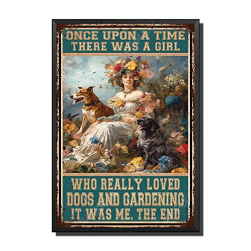 おもしろメタルブリキ看板 Once Upon A Time Girl Loved Dog and Gardening Metelサイン ビンテージスタイルのサイン カフェとバーの壁掛け 8x12チ ブリキ看板 ブラックメタルフレーム