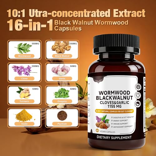 Image of 16-in-1 Black Walnut Wormwood Capsules, 30 Day Supply, 1155mg Serving, Rapid Gut Cleanse & Digestive Health with Clove Garlic Turmeric, Liposomal Delivery 98% Absorption, Vegan Gluten-Free