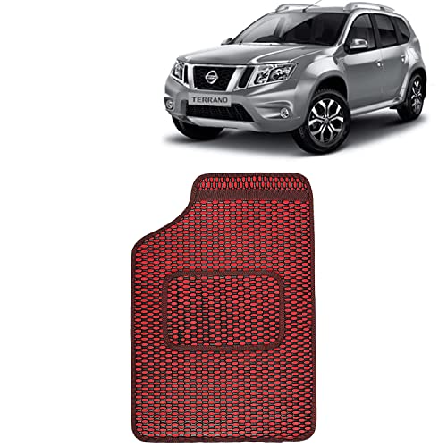 Image of Kingsway Dotted Design Car Floor Foot Mats Universal Fit for Nissan Terrano, Model Year : 2009-2018, Water and Dustproof, Color Red, Set of 5 Pieces