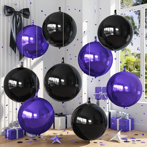 Image of 9 Pcs Black Purple Round Foil Balloons Black Metallic Dark Purple Chrome 4D Ball Balloons 22 In Orbz Mylar Balloon for Graduation Grad Birthday Wedding Anniversary Disco Party Decorations