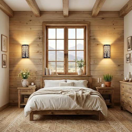 Image of Rustic Industrial Farmhouse Wall Sconces Set of 2, Hardwired Metal Tree Branch Vintage Wall Light Fixtures with White Parchment Shades, 1-Light E26 Indoor Living Room Bedroom Hallway