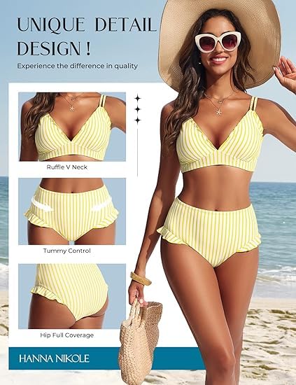 Hanna Nikole Ensemble bikini pour femme, volants mignons, col en V sexy, effet push-up, bas taille haute, double bretelles