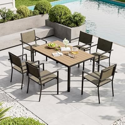 Aoxun 7-Piece Patio Table and Chairs Set for 6, All Weather Outdoor Dining Set with 6 Textilene Chairs and 1 Rectangular Metal Table, Patio Dining Sets for Backyard, Garden and Poolside, Brown