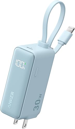 Anker Banco de energía 3 en 1, cargador portátil de 5,000 mAh con cable Lightning integrado y enchufe de CA plegable, paquete de batería compacta