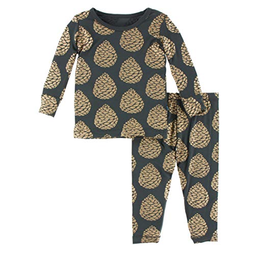 KicKee Pants Print Long Sleeve Pajama Set, Ultra Soft and Snug Fitting PJs, Matching Top and Bottom Sleepwear Set, Newborn to Baby to Kid Pajamas (Pewter Pinecones - 3T)