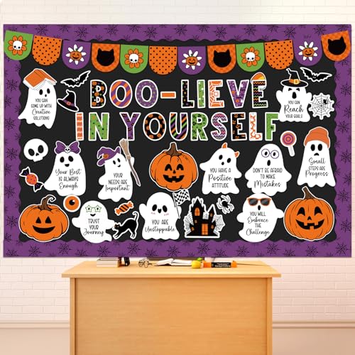 Epakh 77 Pcs Halloween Bulletin Board Sets Motivational Classroom Wall Decor Positive Ghost Pumpkin Cutouts for Halloween School Home Class Chalkboard Wall Decor