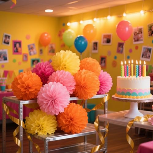 Image of We Moment Pink Orange Yellow Paper Pom Poms for Party Decoration Boho Party Ceiling Wall Hanging Tissue Flowers Decorations 12pcs 3 Colors
