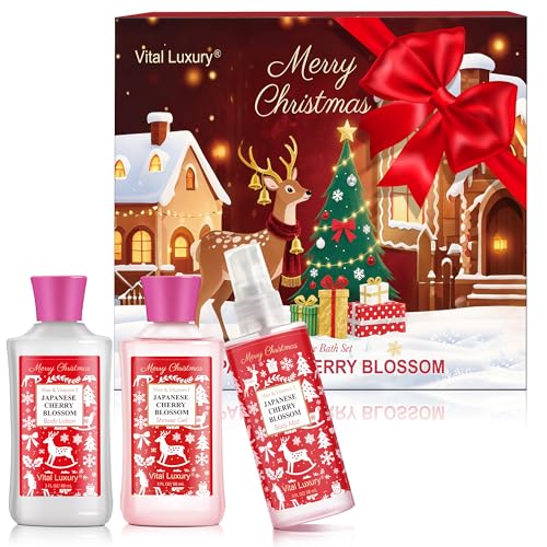 Vital Luxury Christmas Bath and Body Gift Set - Festive Japanese Cherry Blossom Spa Kit with Gel, Lotion, Mist, a Must-Have Holiday Gift for Mom, Wife, Sister and Friends to Celebrate Christmas