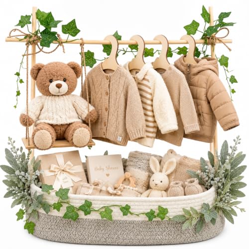 Image of Large Baby Shower Basket Empty Baby Shower Crate Closet Woven Baskets | 16.5 inch x 9.5 inch Woven Baskets with Clothes Hangers and Gift Bag New Born Empty Storage for Welcome Gift Pregnancy New Parent