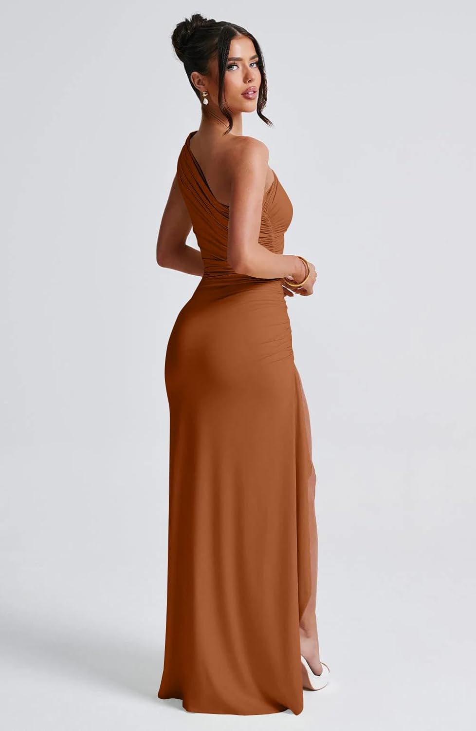 LAGSHIAN Women's Summer Sexy Bodycon One Shoulder High Split Ruched Cocktail Party Long Dress - Image 6