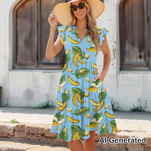 Image of Women's Casual Ruffle Sleeve Dress V Neck Pullover Dress Flowy A-Line Pleated Lightweight Dress with Pockets