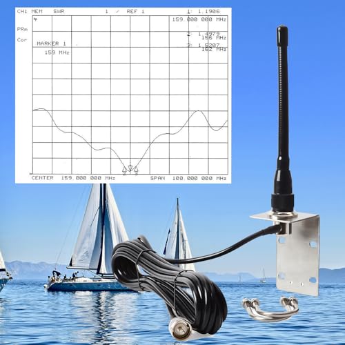 Image of TWAYRDIO Low Profile 6.5 inch Marine VHF Antenna w /16.4ft RG58 Coaxial Cable PL-259 Connector and L-Shape Mounting Bracket for Boats