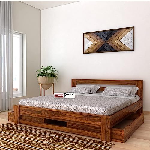 Image of Solid Wood Sheesham Regular Bed with 2 Drawer Storage for Living Room & Bedroom (72x60 Queen Size Mattress Compatible Bed)