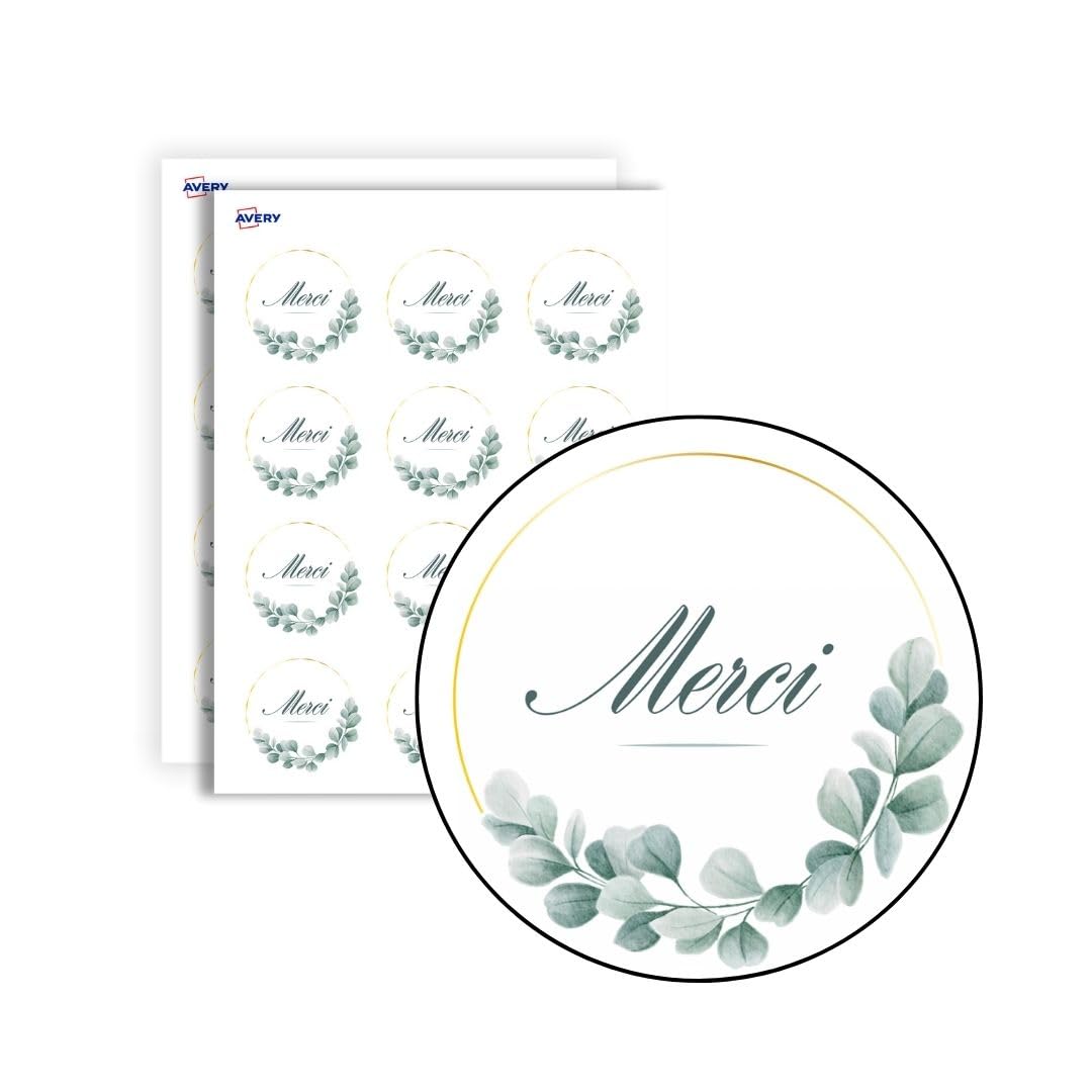 Avery – 140 etiquetas de agradecimiento redondas autoadhesivas – 35 mm – Papel reciclado, eucalipto – 4 tableros A4 de pegatinas para bodas, manualidades y fiestas