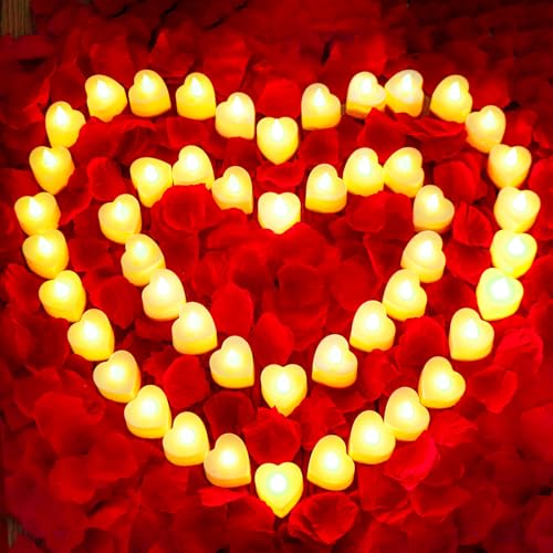 Image of JMUQ 4000 Pieces Artificial Rose Petals with 48 Pieces Romantic Heart Led Tealight Candles, Rose Petals and Candles Set for Weddings Anniversaries Proposals Decor(Warm White Light)