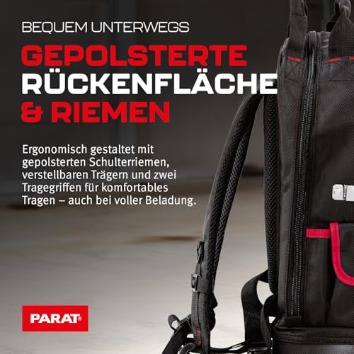 PARAT BASIC Backpack | Werkzeugrucksack 23L für Elektriker | Robuster Nylon Rucksack | Werkzeugrucksack mit 15 Fächern & 6 Gummischlaufen | Elektriker Rucksack mit verstärktem Boden