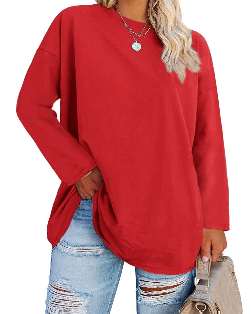 Fisoew Women's Plus Size Tops Long Sleeve Crew Neck Oversized T Shirts Loose Casual Tunics
