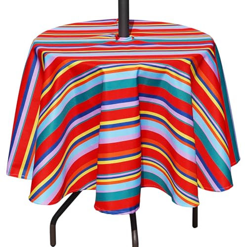 Poise3EHome 52 inches Outdoor Waterproof Spillproof Round Tablecloth with Umbrella Hole for Camping, Patio, Picnic, Spring, Summer, Color Stripe