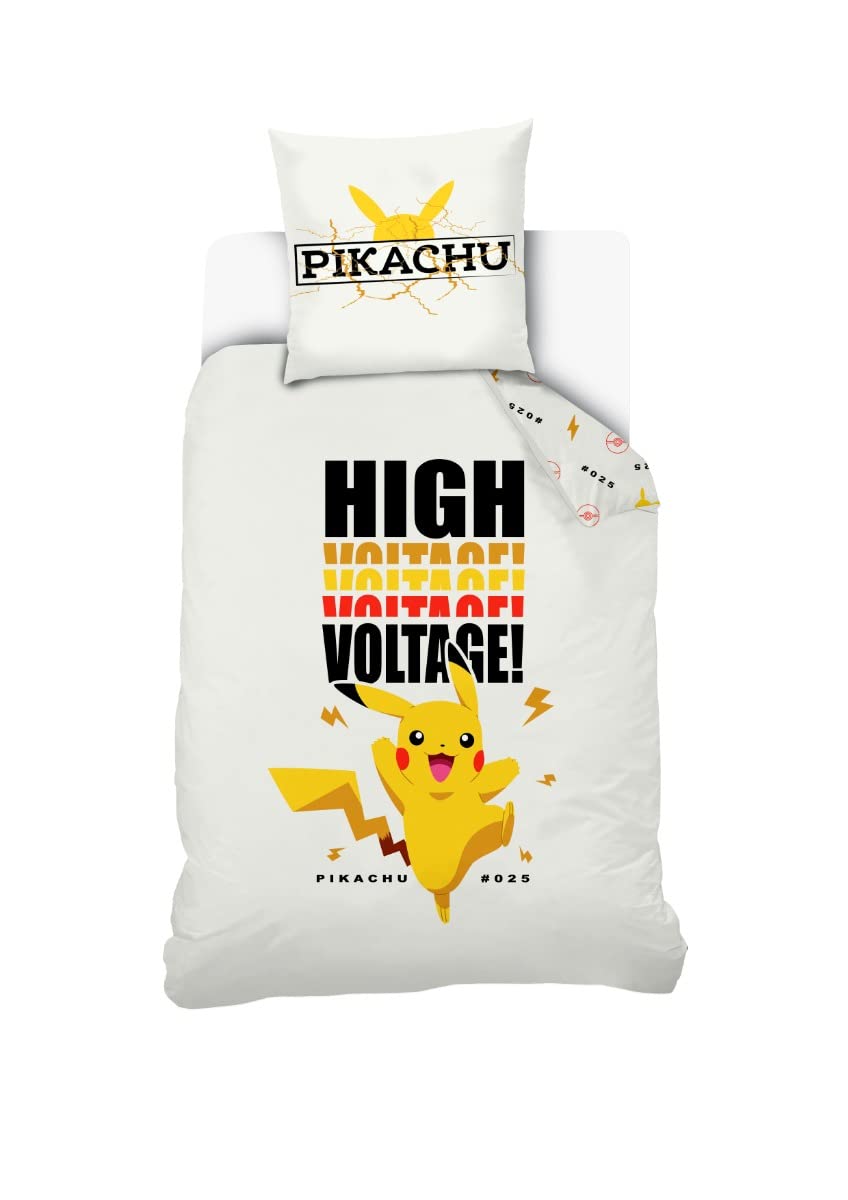SAHINLER - Poszewka na kołdrę Pikachu High Voltage 140x200 cm + poszewka na poduszkę Pikachu 63x63 cm - Biała - 100% Bawełna