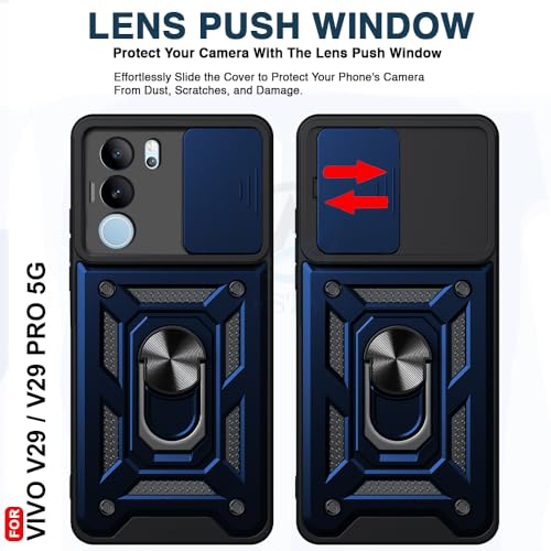 Image of AESTMO Polycarbonate Tough Armor Vivo V29 / V29 Pro 5G Bumper Back Case Cover|Ring Holder & Sliding Camera Shield Cover|360 Degree Protection Back Case Cover for Vivo V29 / V29 Pro (Blue)