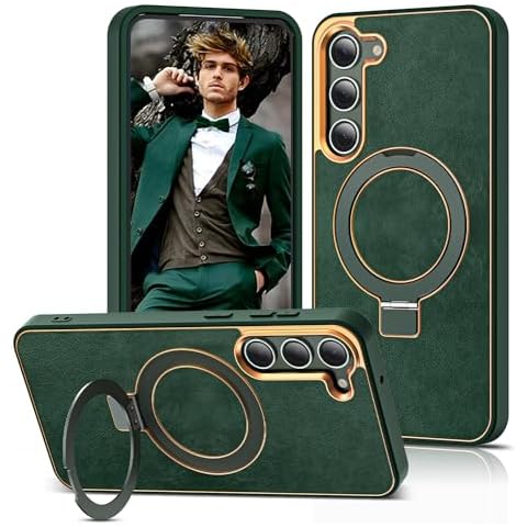 YEMODO for Samsung Galaxy S22 Case with Magnetic Invisible Ring Stand Leather Business Phone Case Compatible with Magsafe Shockproof Protection Classic Luxury Slim Cover for Women Men,Green Cover