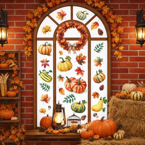 Image of Fall Window Clings Decor Pumpkin & Leaf Autumn Thanksgiving Decorations | 8 Sheets Holiday Stickers for Glass Windows, Autumn Harvest Decals for Home Office School Classroom Farm, Glass Doors Decor