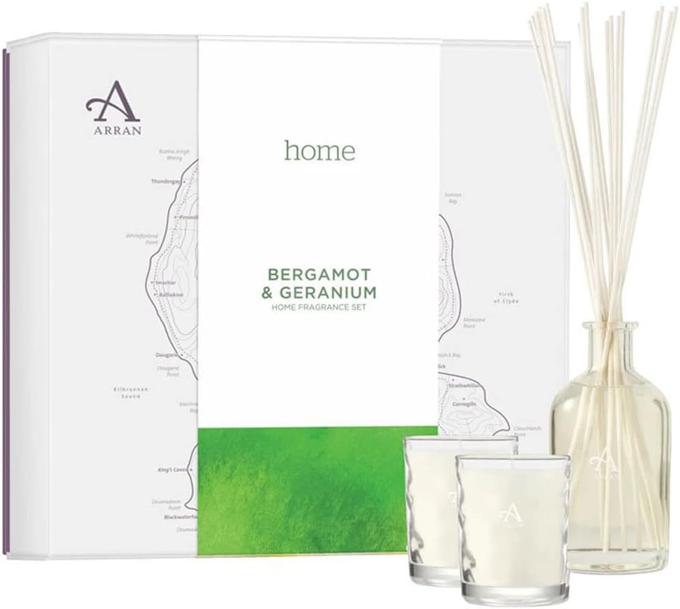 Arran Sense of ScotlandBergamot & Geranium Home Fragrance Gift Set with Reed Diffuser (100ml/3.51floz) & Glass Scented Candle (8cl)