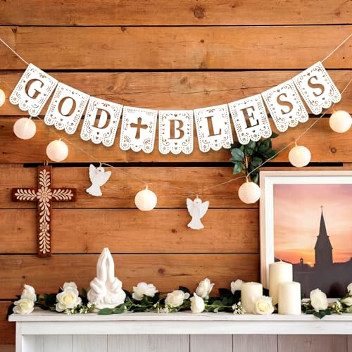 Peryiter God Bless Banner First Communion Decorations Baptism Hanging Banner Baby Christening Decor Latin Vibes Garland with Cross for Boys Girls Religious Confirmation Party Supplies