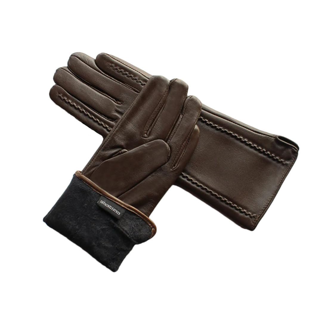 Damen Winter Style Leder Schaffell Handschuhe Mittellange Streifen Plus Fleece Warme Handschuhe Dunkelbraun 7 12