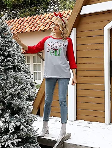Christmas I'm The Sassy Elf Baseball T-Shirt Women 3/4 Sleeve Graphic Christmas Raglan Baseball Tee Shirt Tops Size Us L/Tag Xl (Red) #TOP1